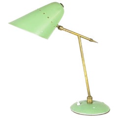 Midcentury Adjustable Aqua Green Metal & Brass Table Lamp
