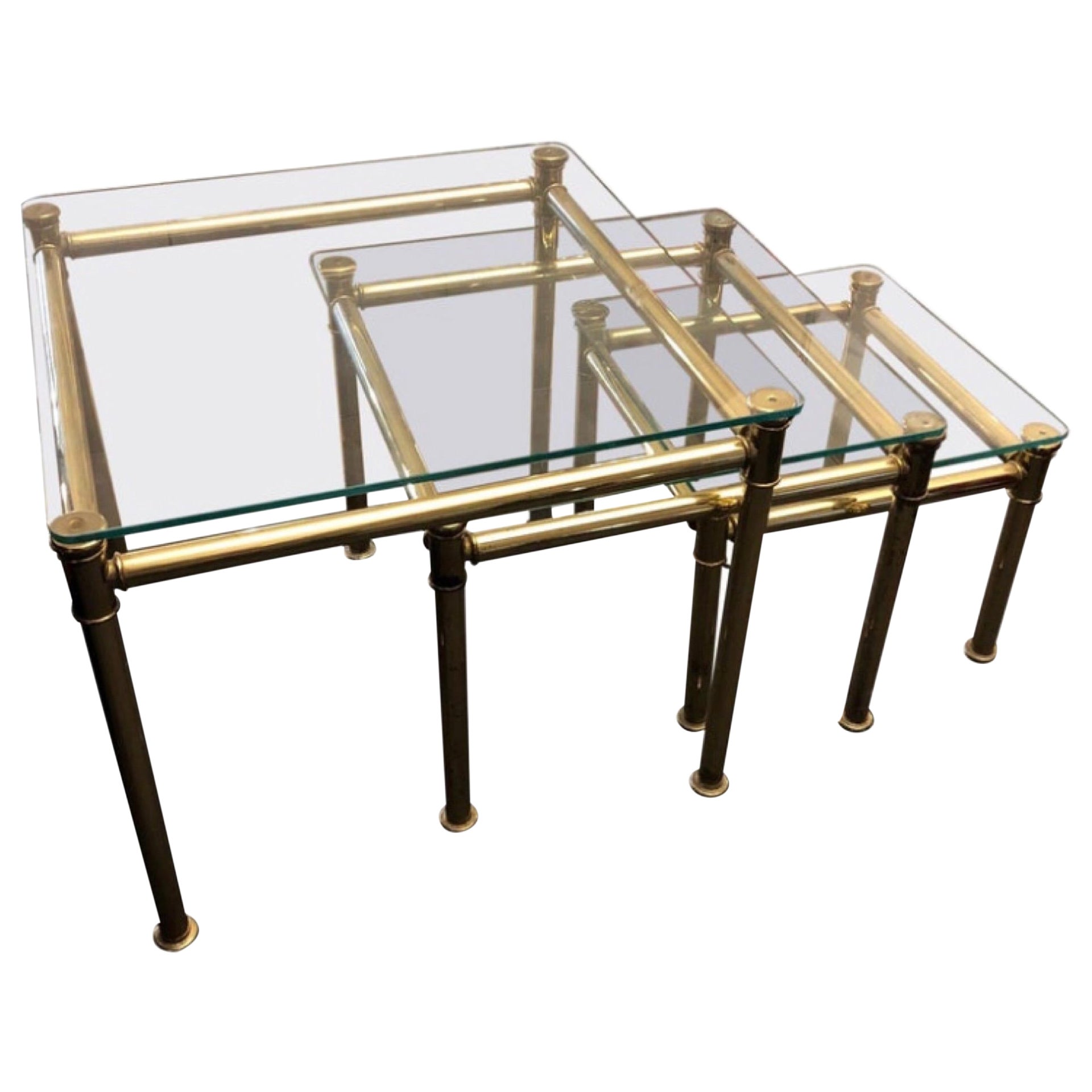 Three 1960s Mid-Century Modern Brass and Glass Italian Nesting Square Tables