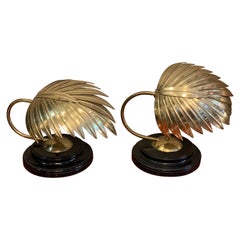 Pair of Vintage Brass Leaf Bedside Lamps with Black Lacquered Base, 1970s