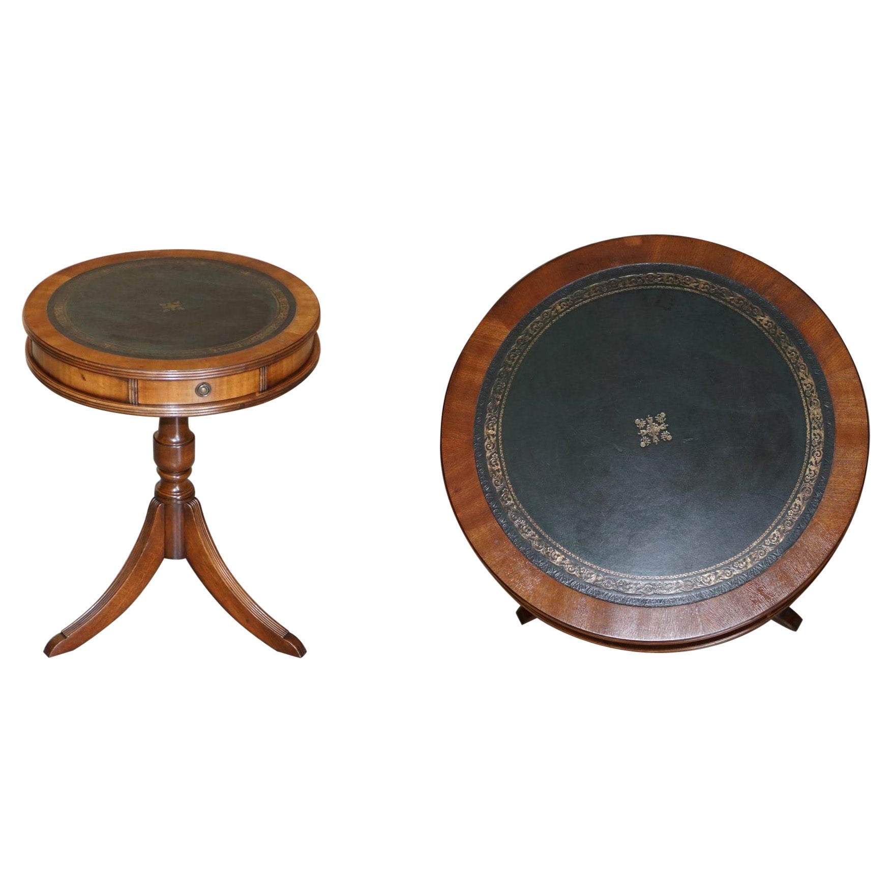 Regency Style Vintage Light Hardwood & Green Leather Twin Drawer Side End Table