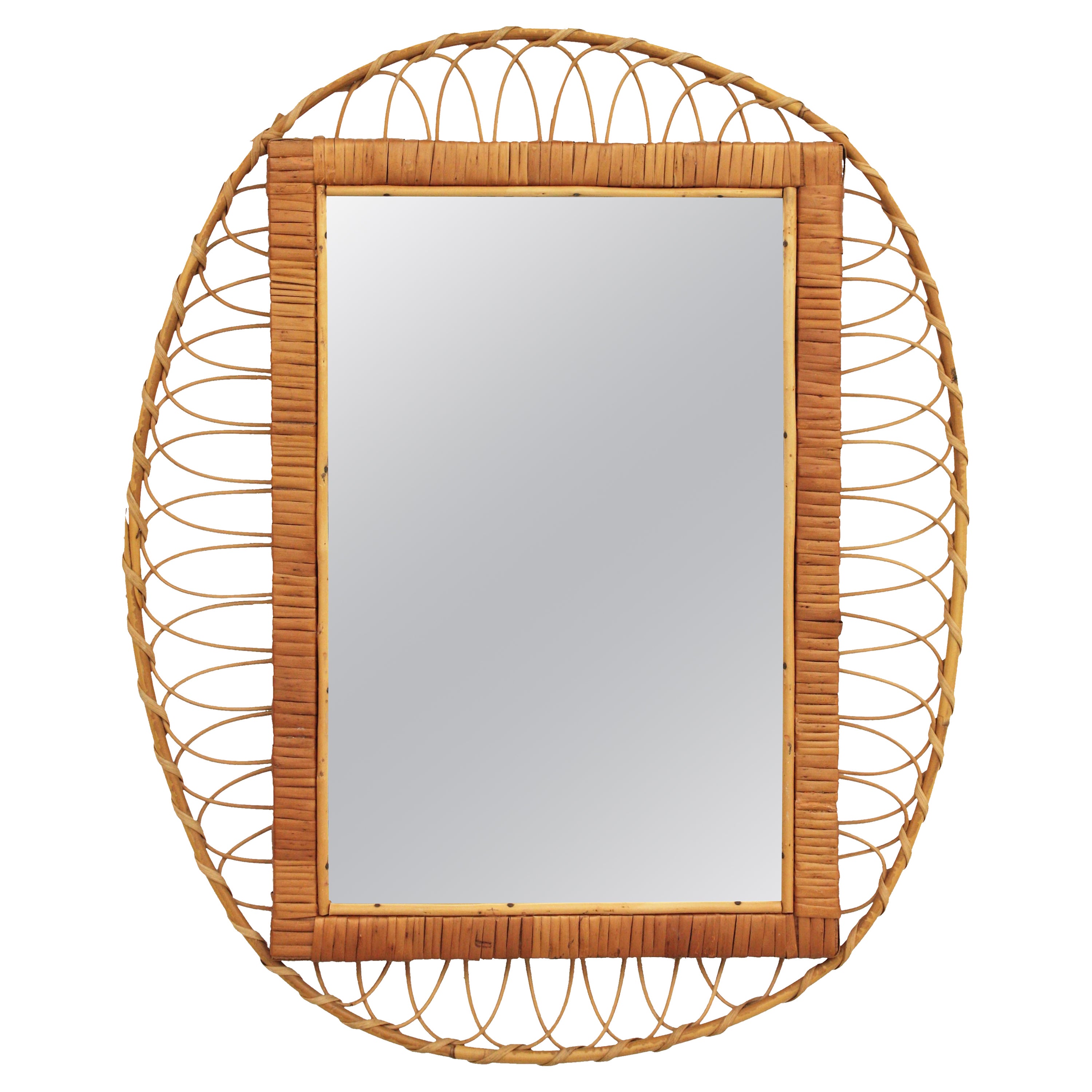 French Rattan Oval Mirror with Woven Rectangular Frame, 1960s
