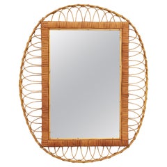 French Rattan Oval Mirror with Woven Frame