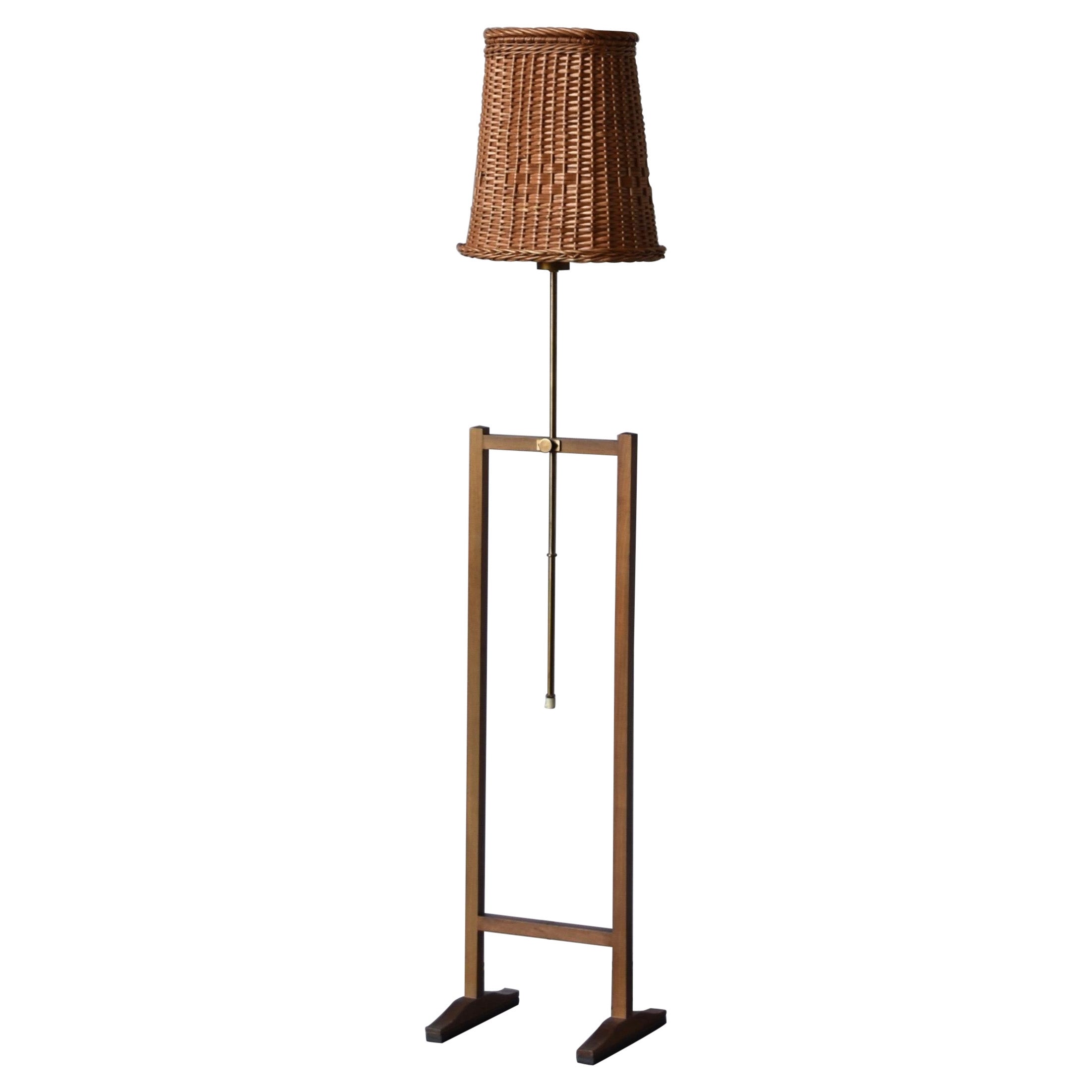 Josef Frank, Adjustable Floor Lamp, Brass, Mahogany, Rattan, Svenskt Tenn, 1950s