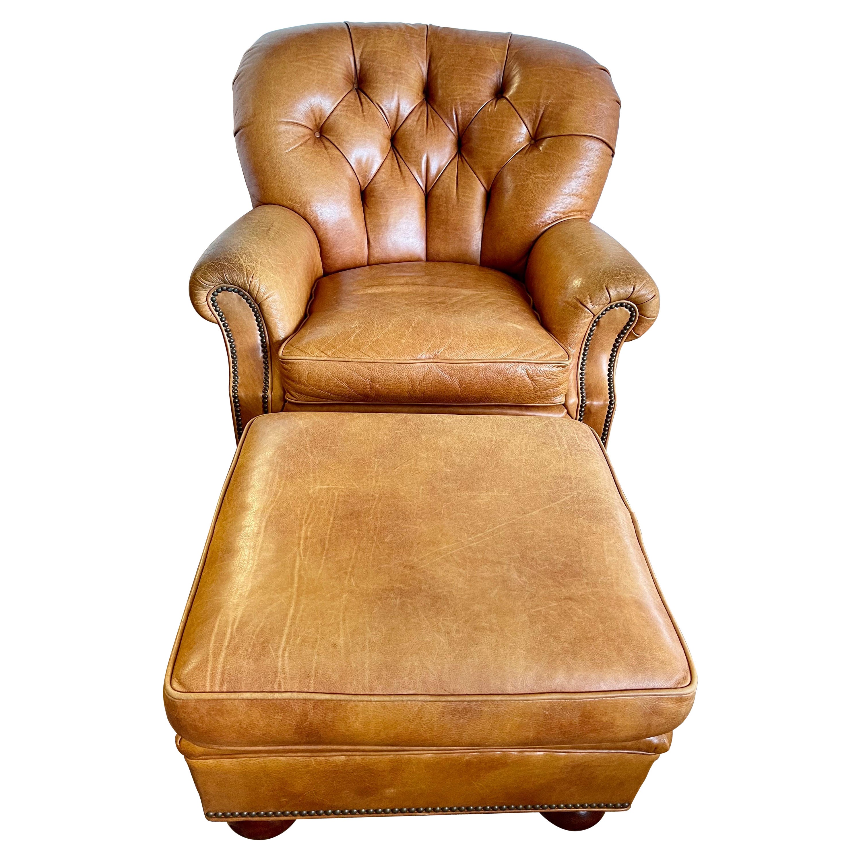 Hickory Chair Vintage Leather Chesterfield Wingback Tufted Chair & Ottoman
