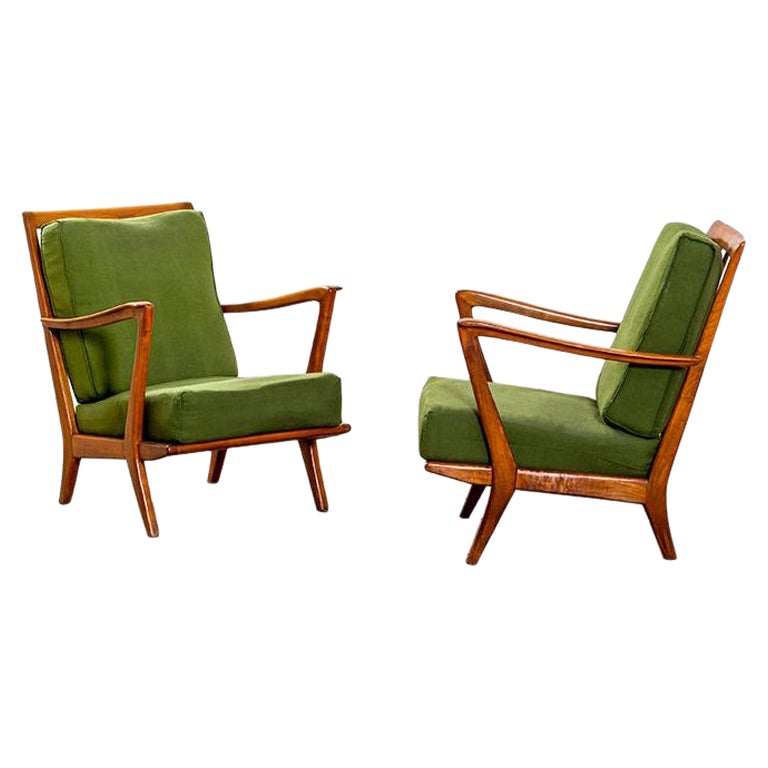 20th Century, Gio Ponti Attributed Pair of Armchairs Structure in Wood