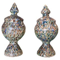 Pair of 1950s Spanish Nijar Painted Glazed Ceramic Finials