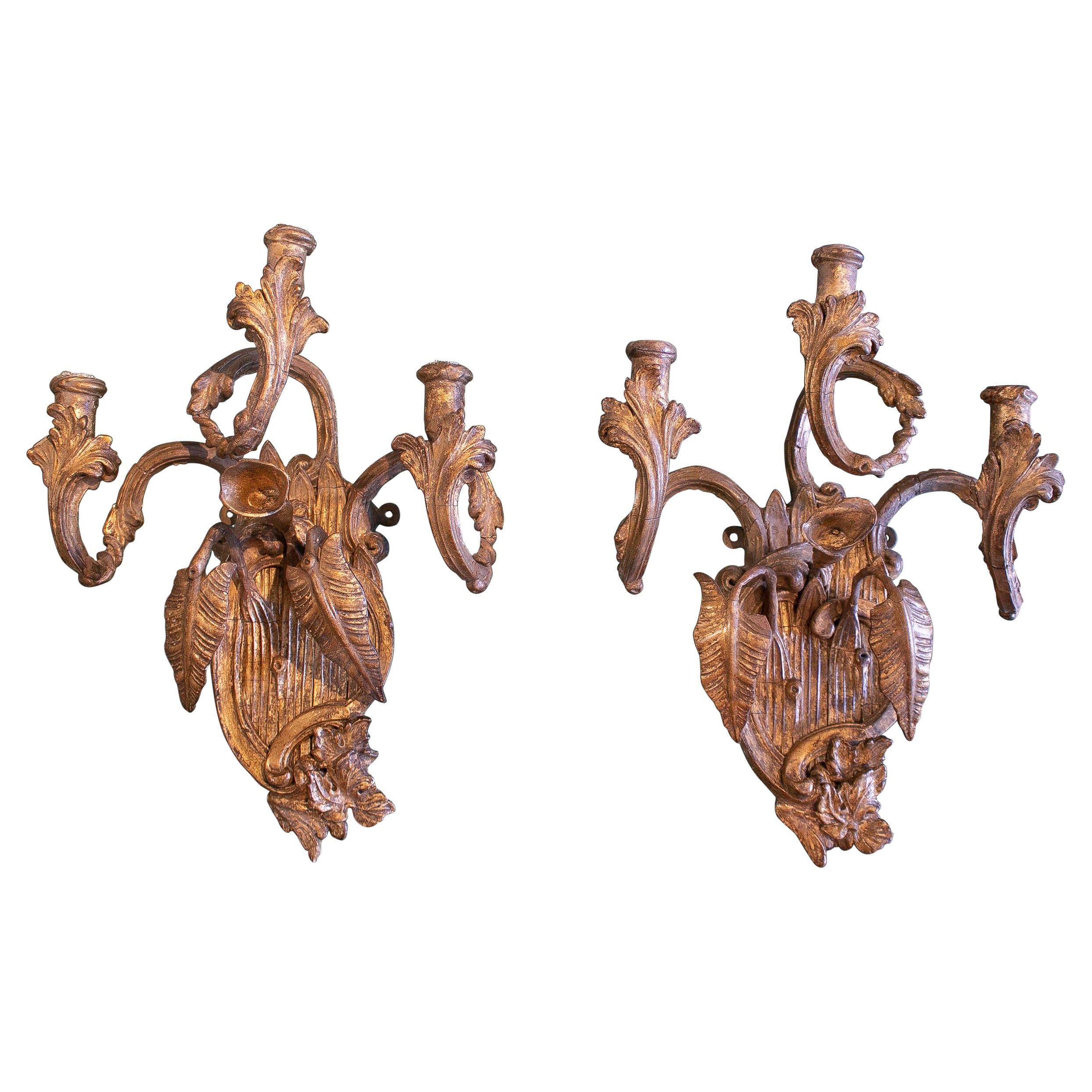Pair of 19th Century French Stucco on Wood Wall Lamps