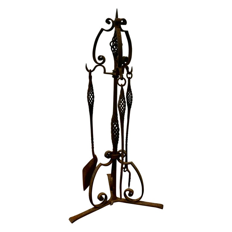 French Gothic Wrought Iron Manor House Fire Tool Companion Set For Sale