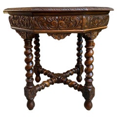 Antique French Octagon Center Side Table Carved Oak Barley Twist Renaissance