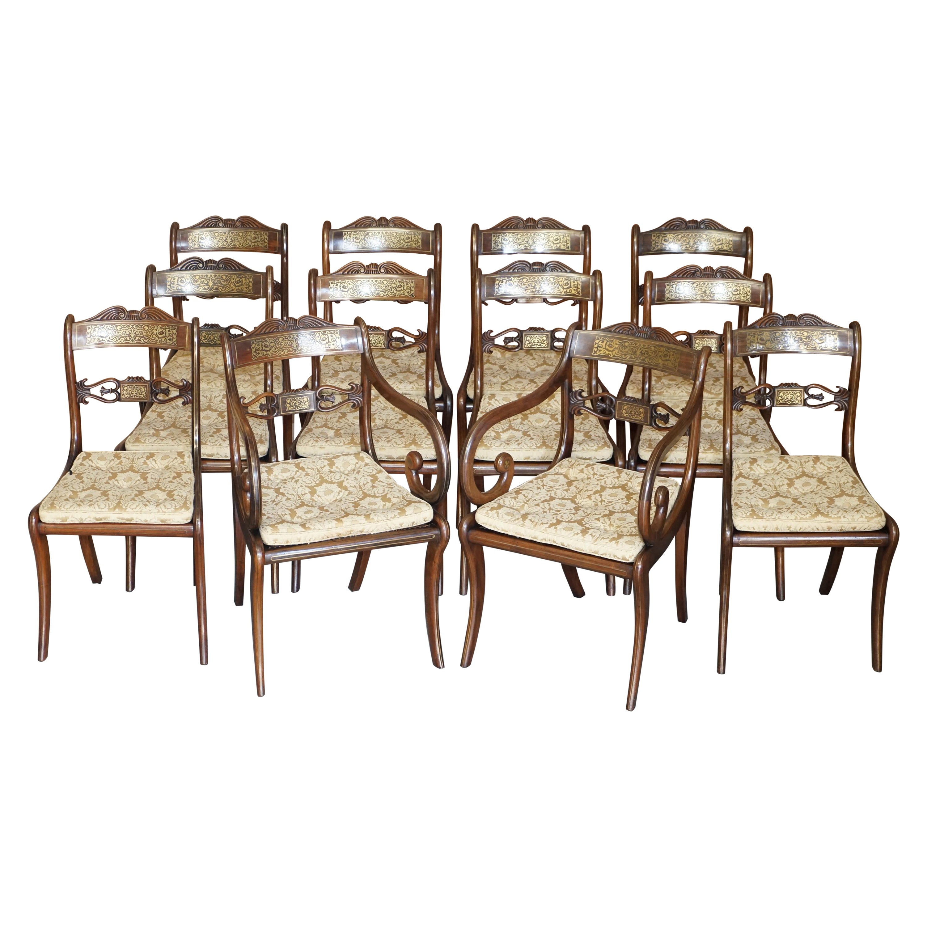 12 Importantes chaises de salle à manger de style Régence originales en bois dur et laiton John Gee 1779-1824 en vente