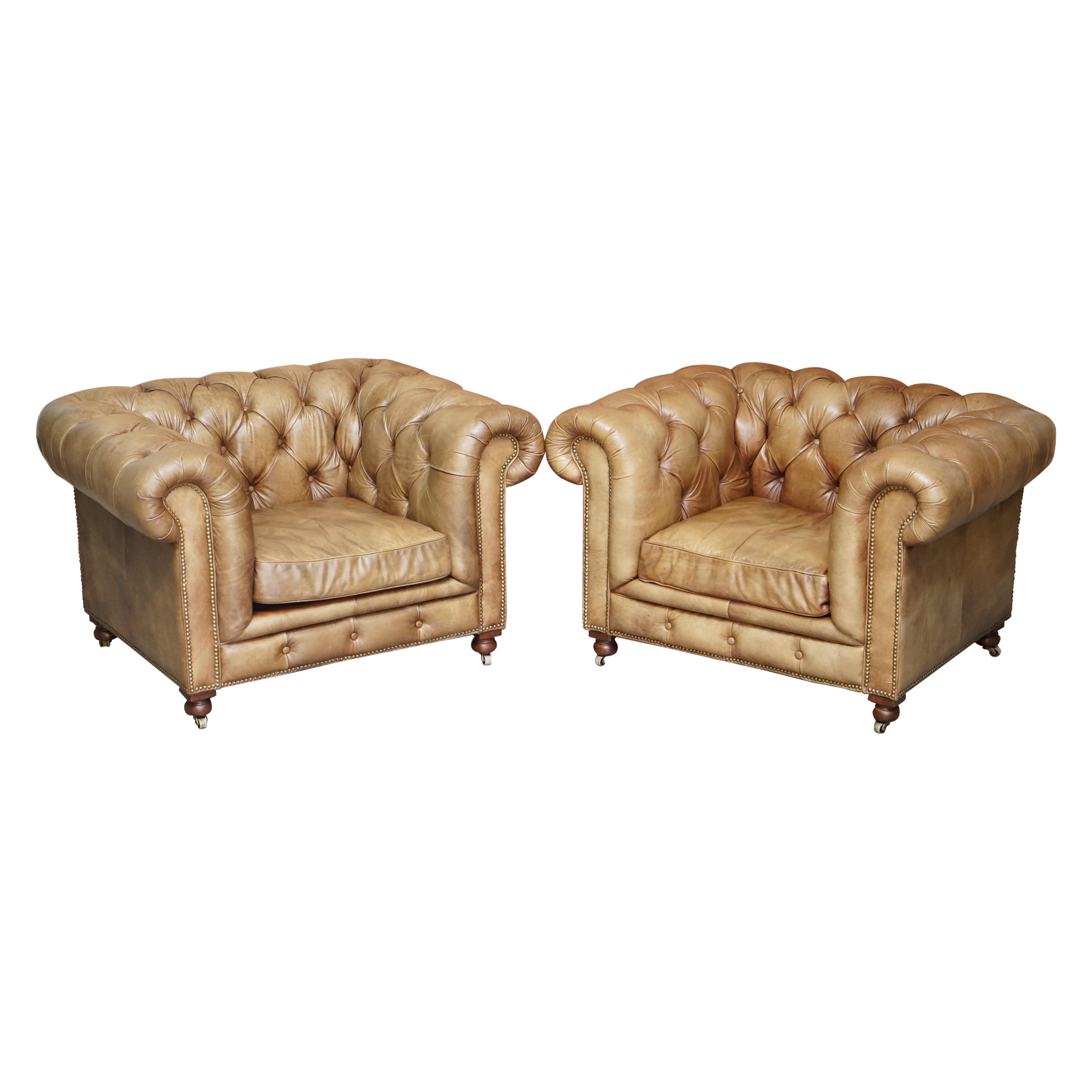 Pair of Vintage Tan Brown Leather Halo Asquith Oversized Chesterfield Armchairs