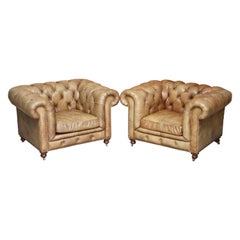 Pair of Vintage Tan Brown Leather Halo Asquith Oversized Chesterfield Armchairs