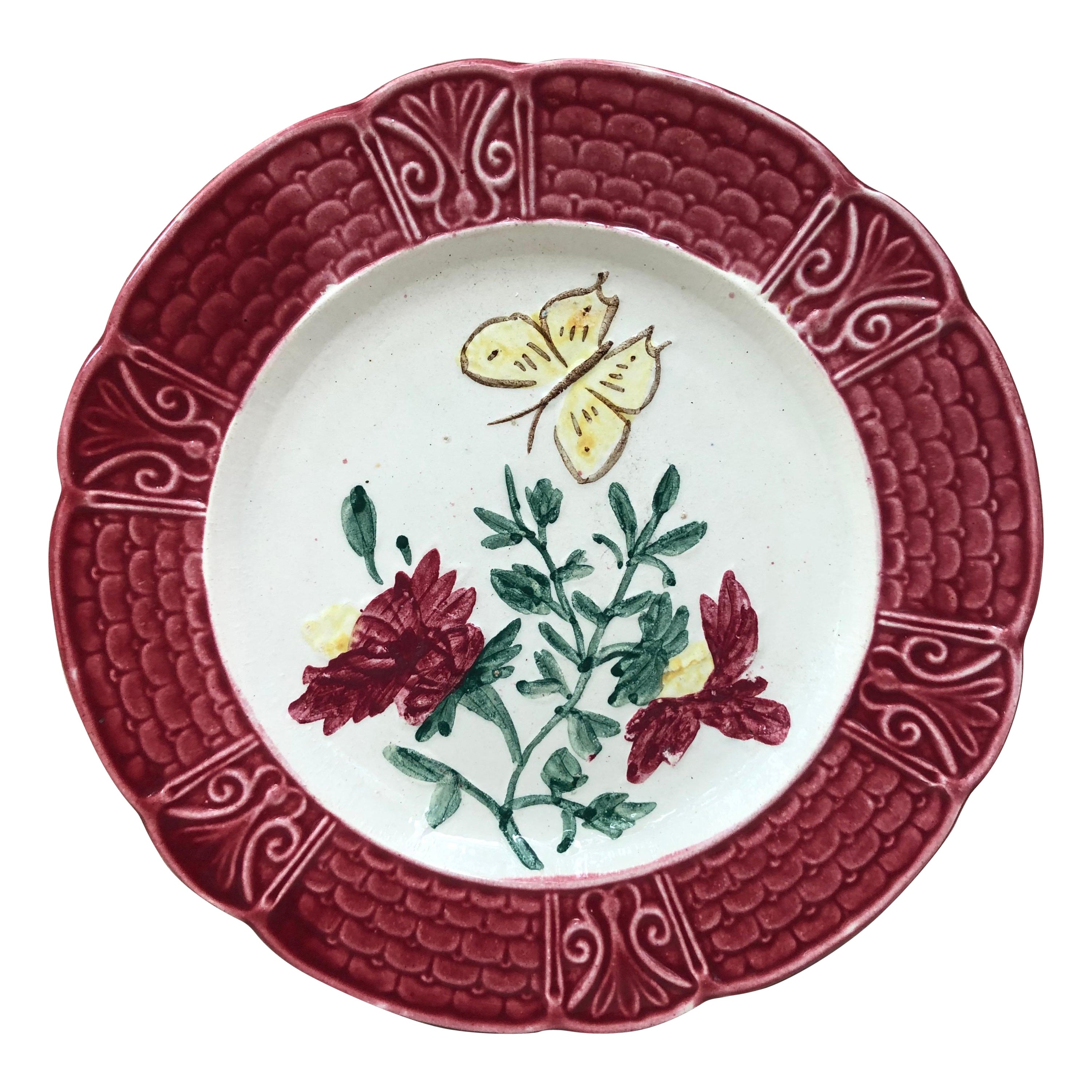 French Majolica Plate with Flowers & Butterfly, Circa 1900 For Sale
