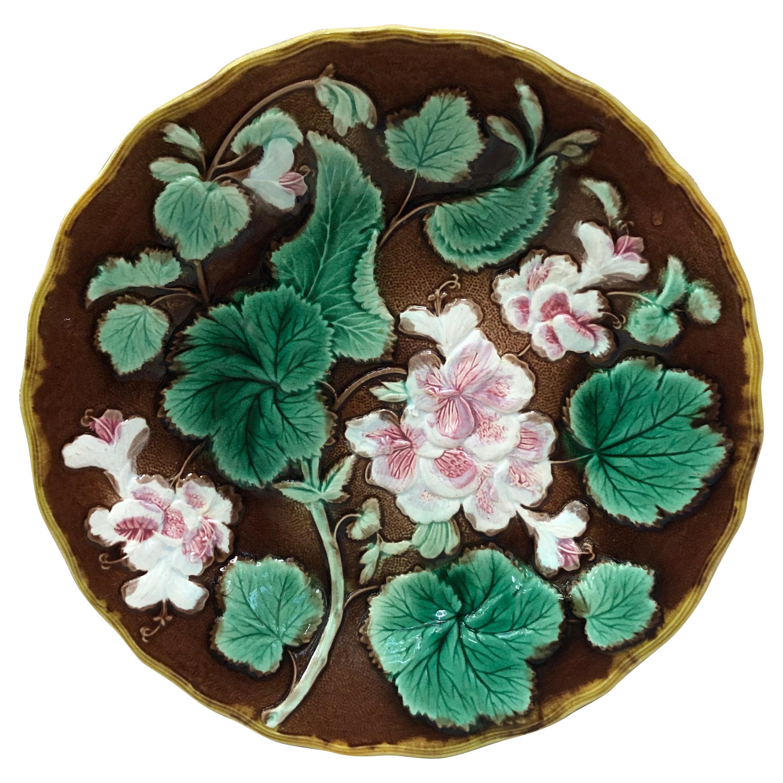 English Majolica Geranium Plate, circa 1880