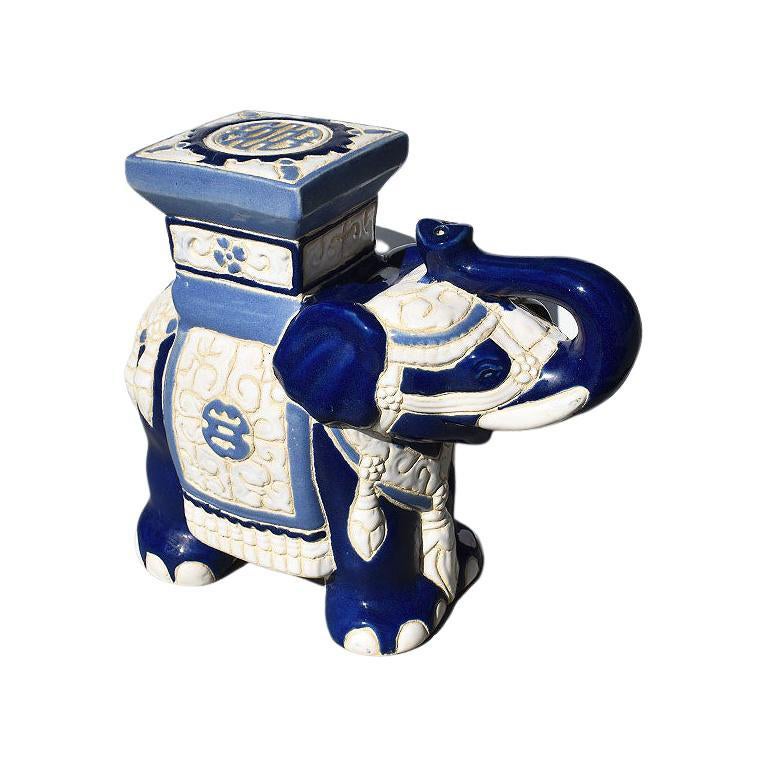 Lucky Chinoiserie Blue and White Ceramic Elephant Plant Stand or Garden Statue For Sale