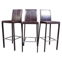Set of 3 Mid-Century Modern Brown Leather Bar Stools 