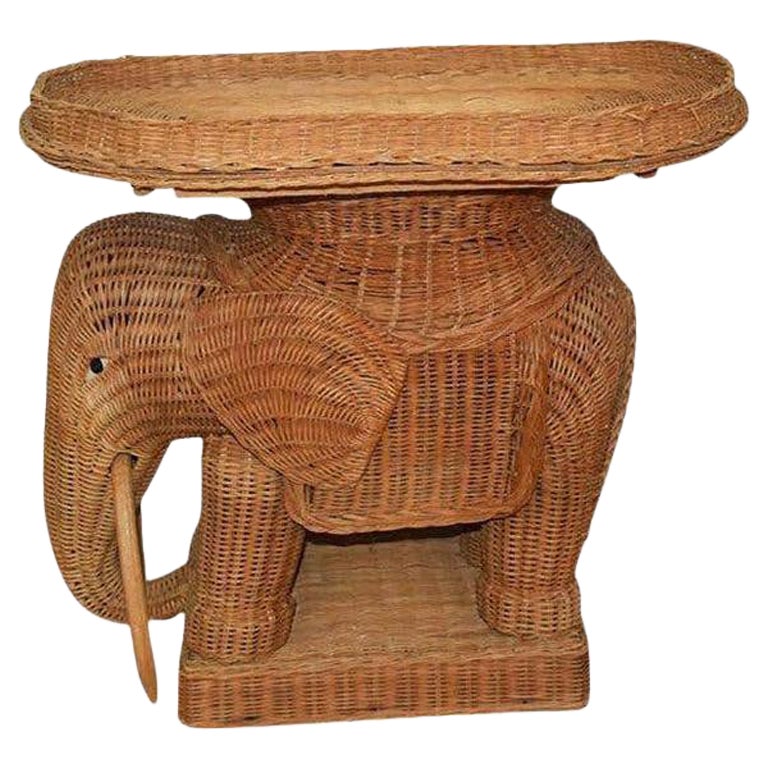Vintage Boho Wicker Rattan Elephant Side Table Style of Mario Lopez Torres 1970s