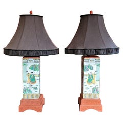 Retro Pair of Chinese Famile Verte and Coral Tall Table Lamps