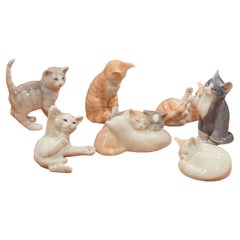 Collection of Seven Miniature Porcelain Cat Sculptures by Royal Copenhagen