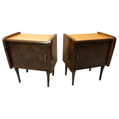 Pair of Original 1960s Italian Nightstands with Salmon-Colored Glass Top Walnut