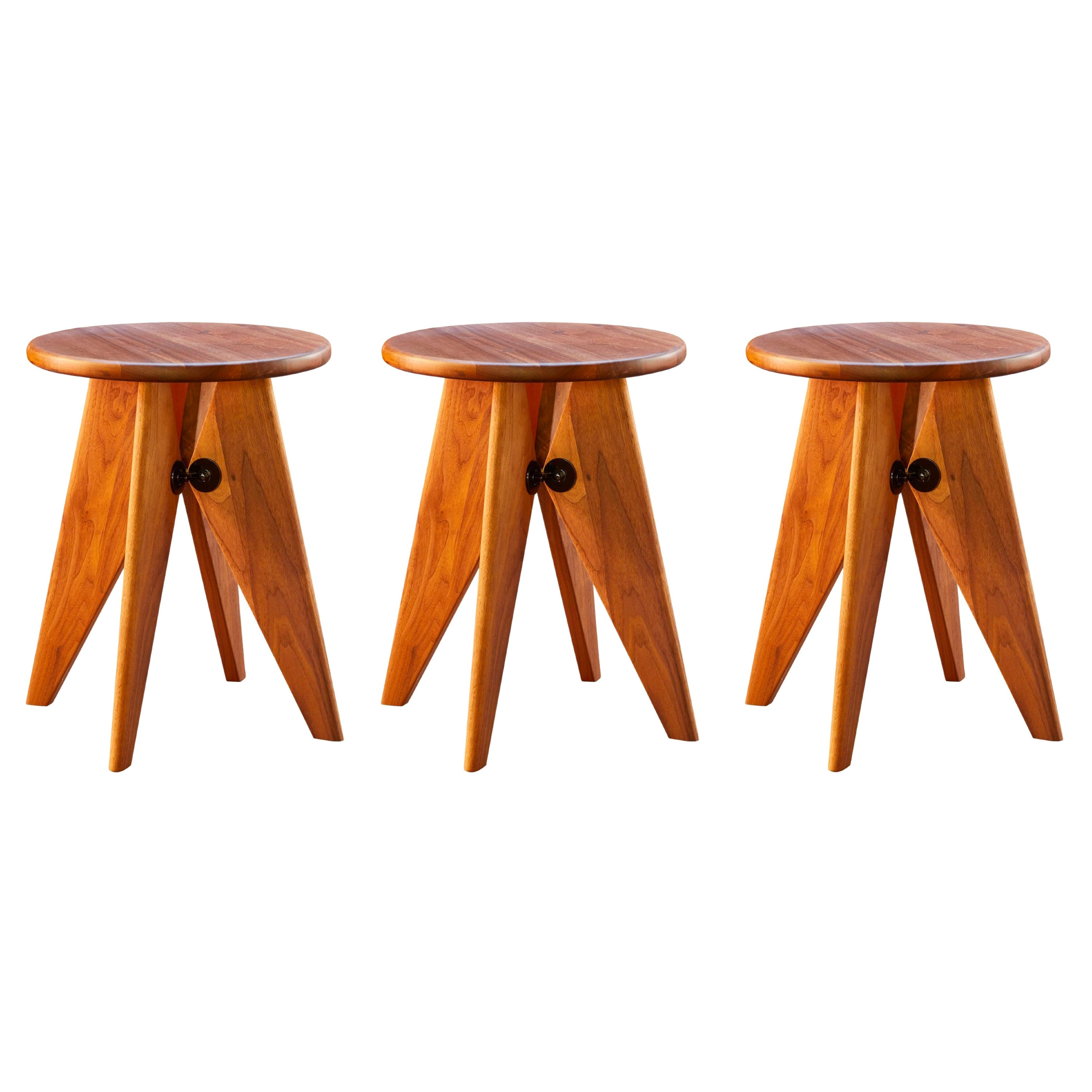 Set of 3 Jean Prouvé Tabouret Solvay Stools in American Walnut