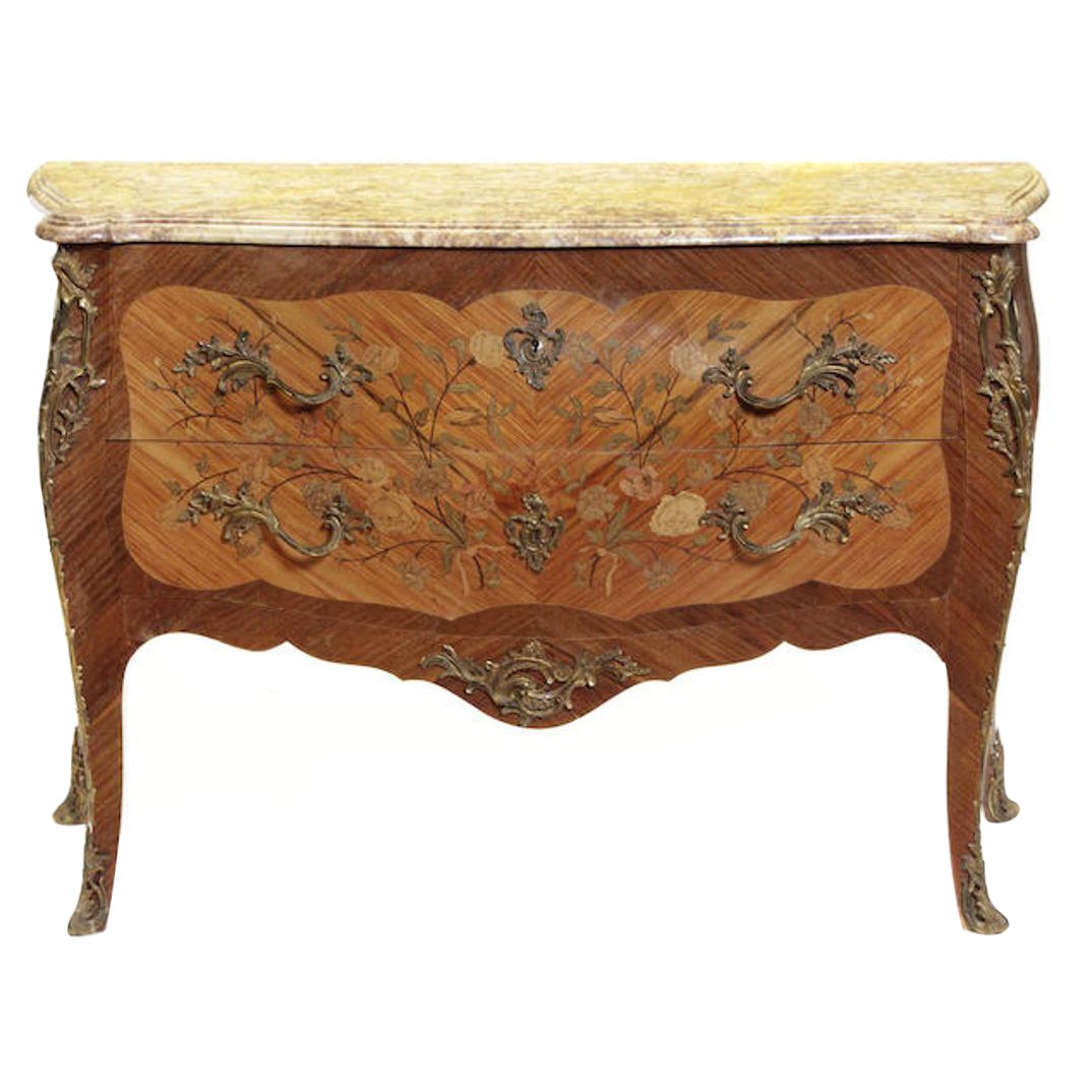 French Louis XV Style Marquetry Kingwood Commode, 19 Century  For Sale