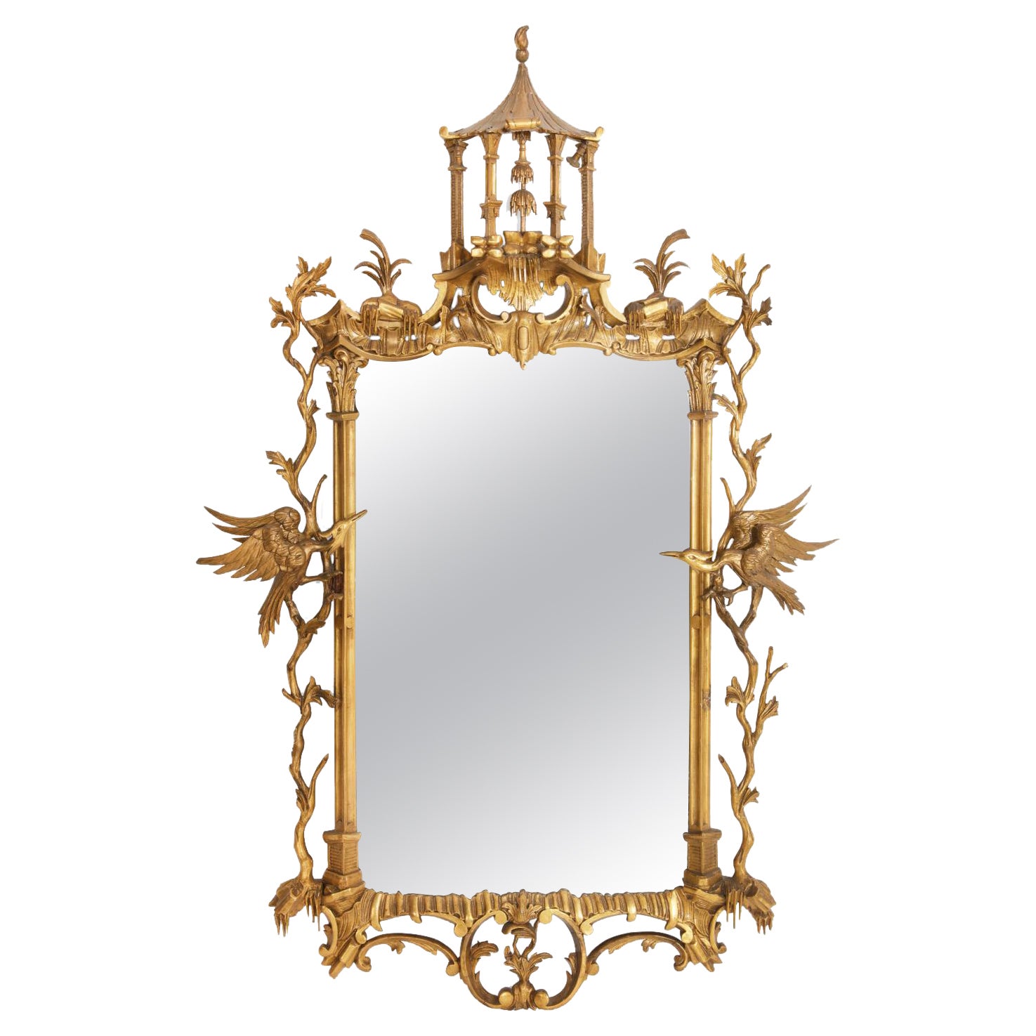 Chippendale Style Giltwood Mirror With Hoho Birds, 19 Century