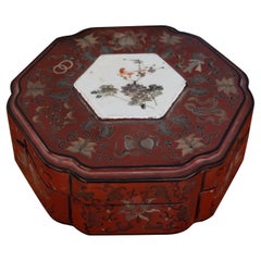 Large Chinese Gilt Lacquered Box with Porcelain Medallion