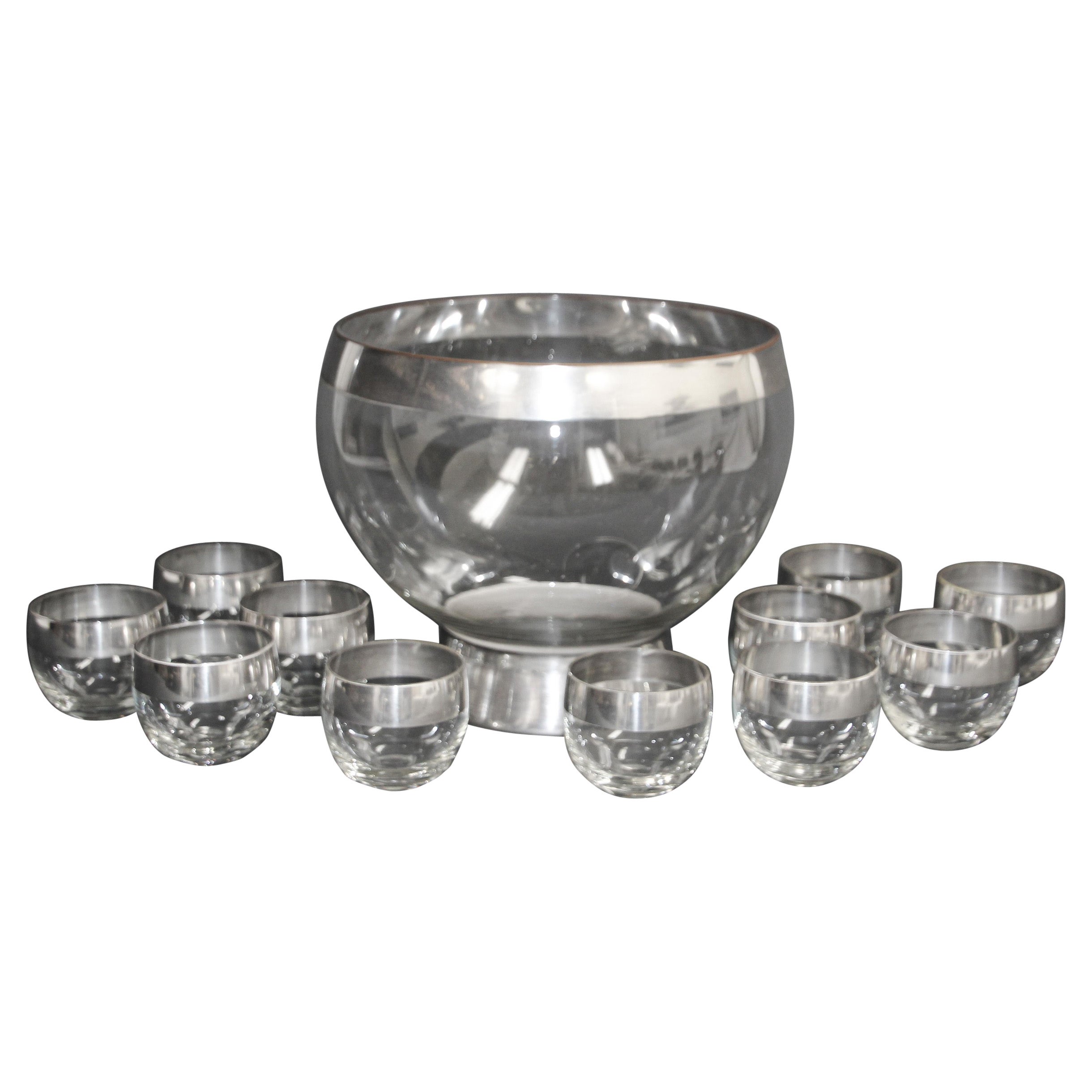 Dorothy Thorpe Mid-Century Silver Band Roly Poly Glasses and Cocktail Punch Bowl For Sale