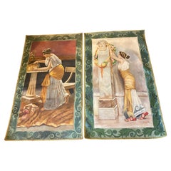 1900 Pair of Art Nouveau Italian Paintings on Fabric