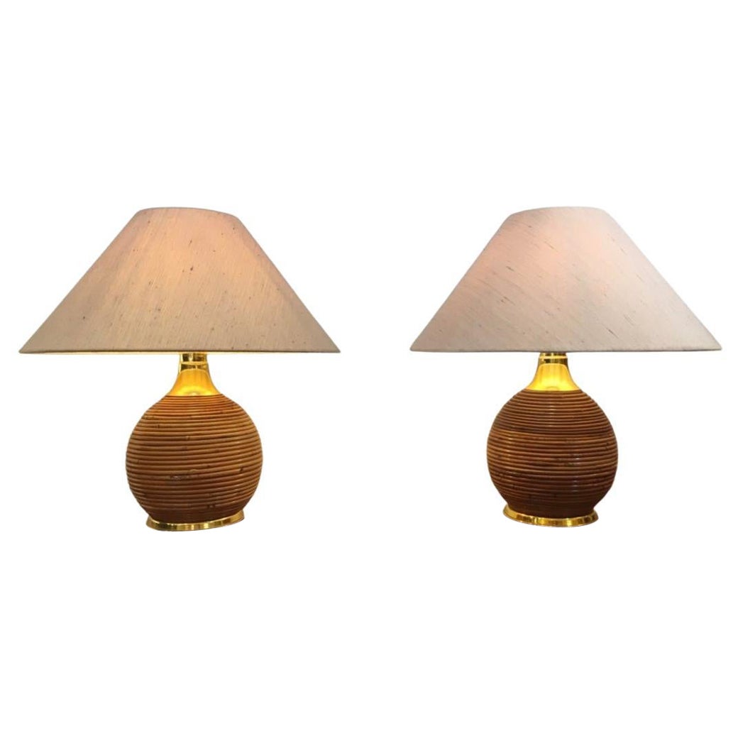 1970s Pair of Bamboo & Brass Table Lamp