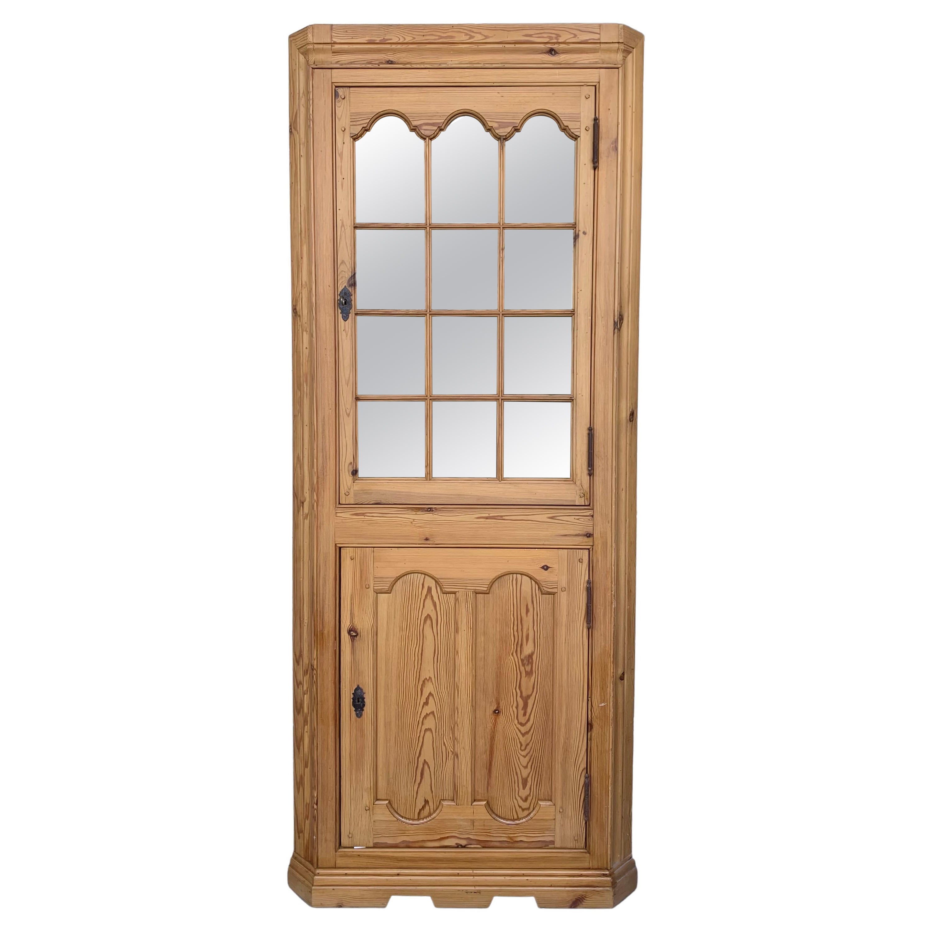 20th Century Spanish Country Corner Pine Vitrine with Glass Paneled Door