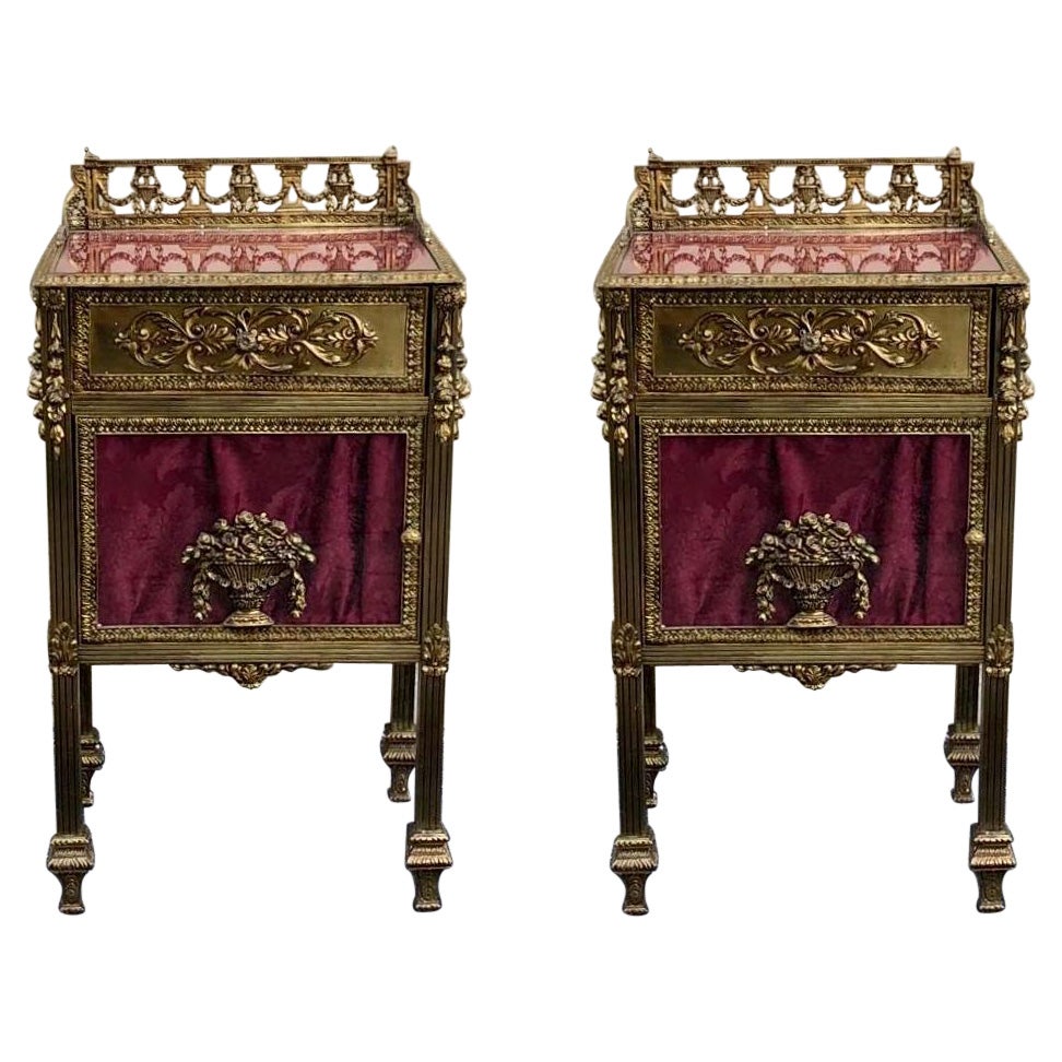 Louis XVI Pair of Bronze Vitrine Nightstands with Mirrored Doors and Drawer