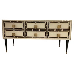 Italian 1950s Credenza in Black and Ivory Glass with Bronze Handles