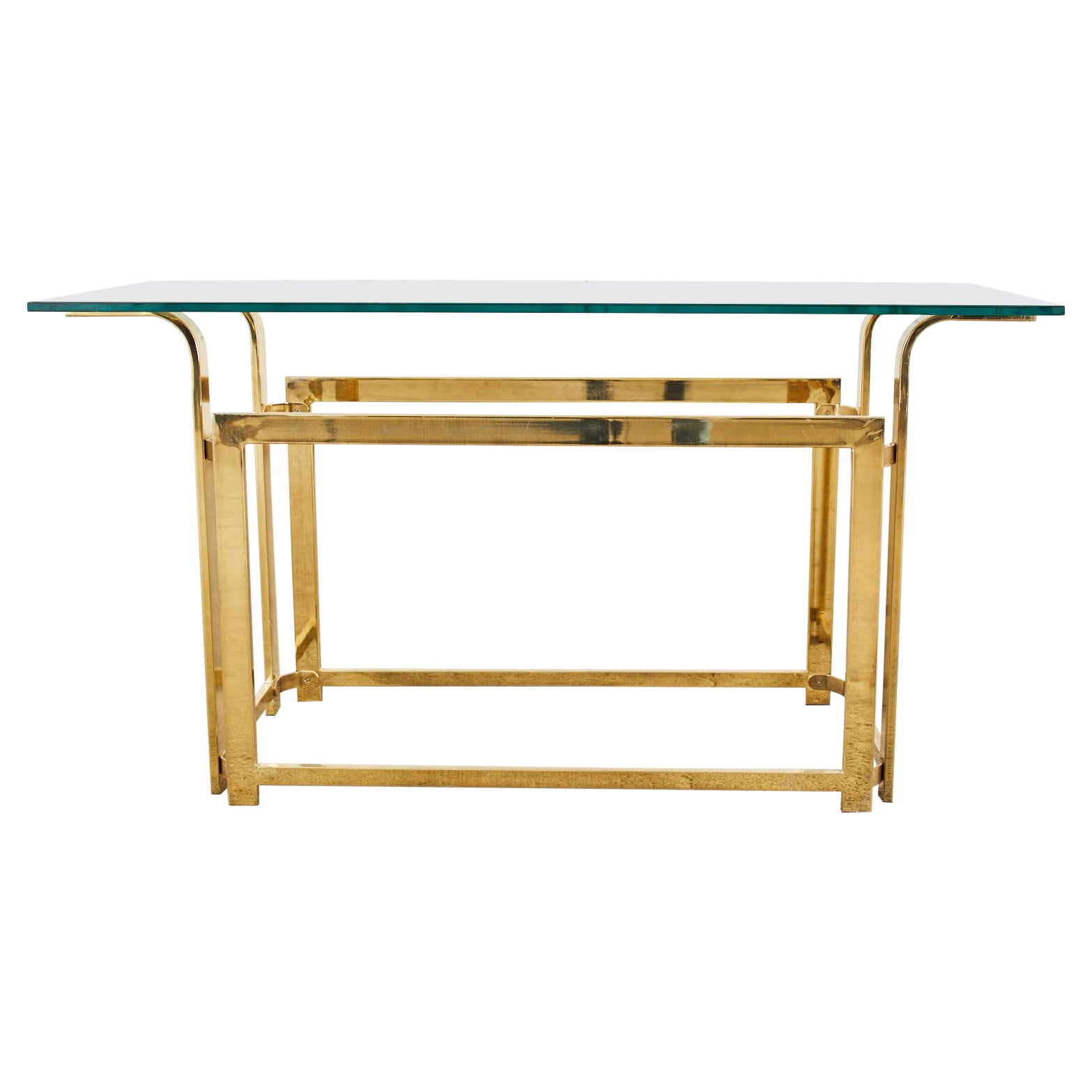 Milo Baughman Style Mid-Century Gold Brass and Glass Console For Sale