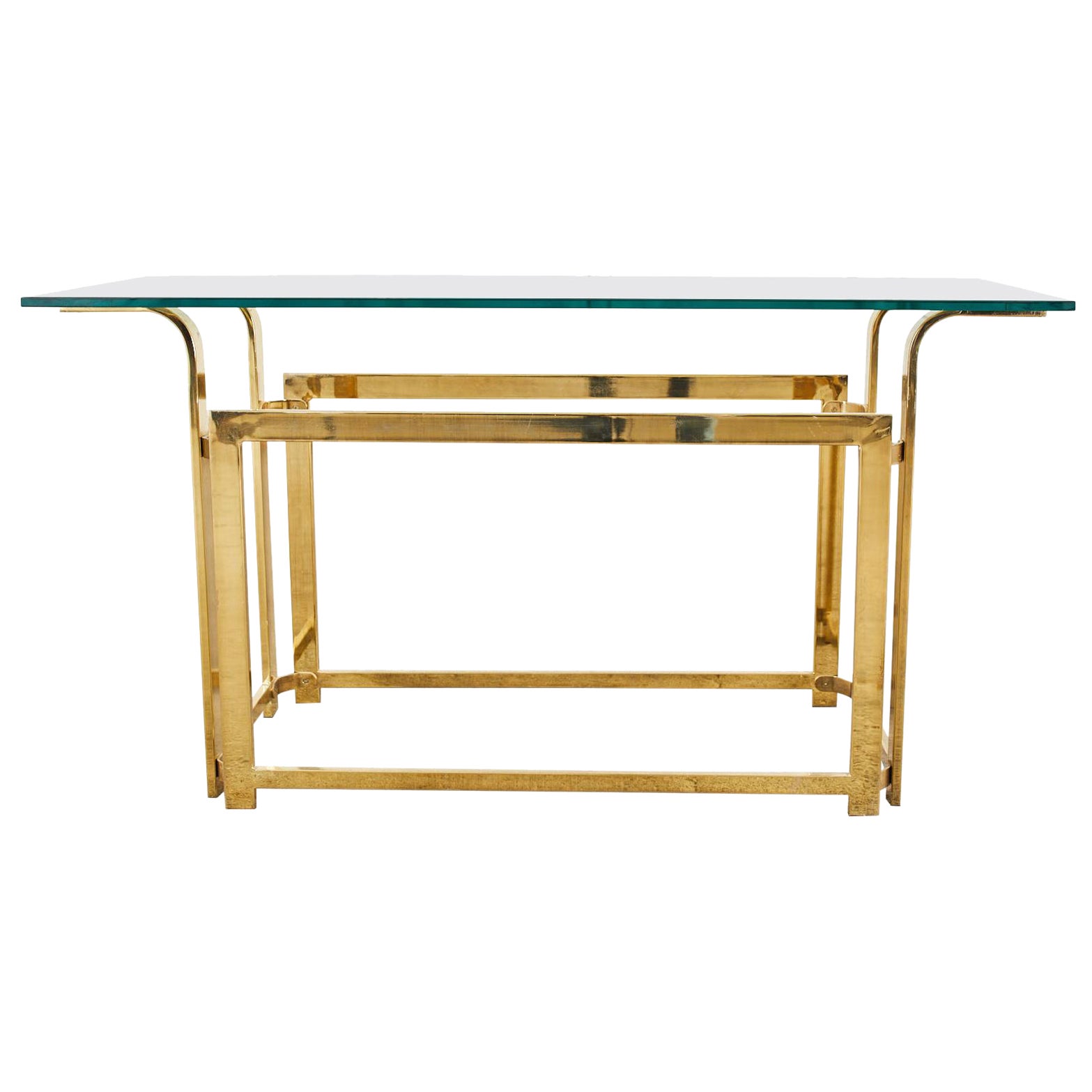 Milo Baughman Style Mid-Century Gold Brass and Glass Console