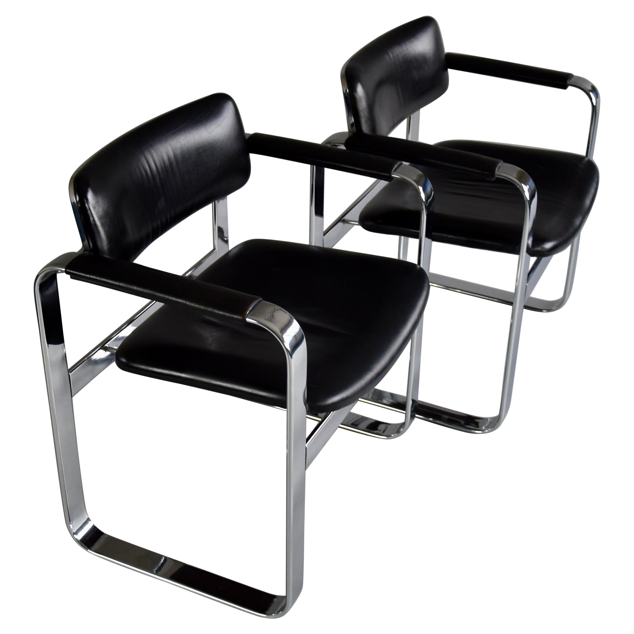 Mid-Century Modern Polished Aluminium and Black Leather Executive Armchairs