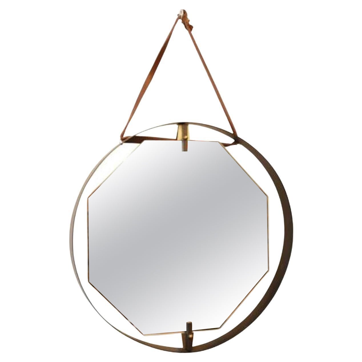 Miroir hexagonal italien avec cadre circulaire en laiton