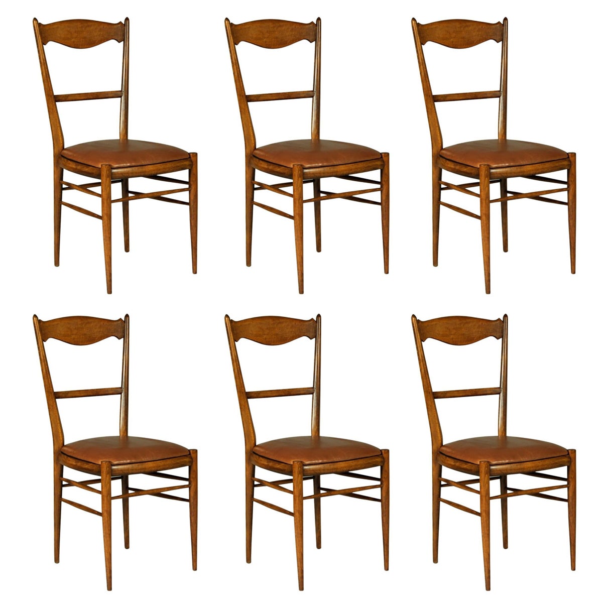 1970s Set of 6 Beech Dining Chairs, Leather Upholstery For Sale