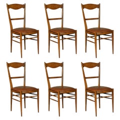 1970s Set of 6 Beech Dining Chairs, Leather Upholstery