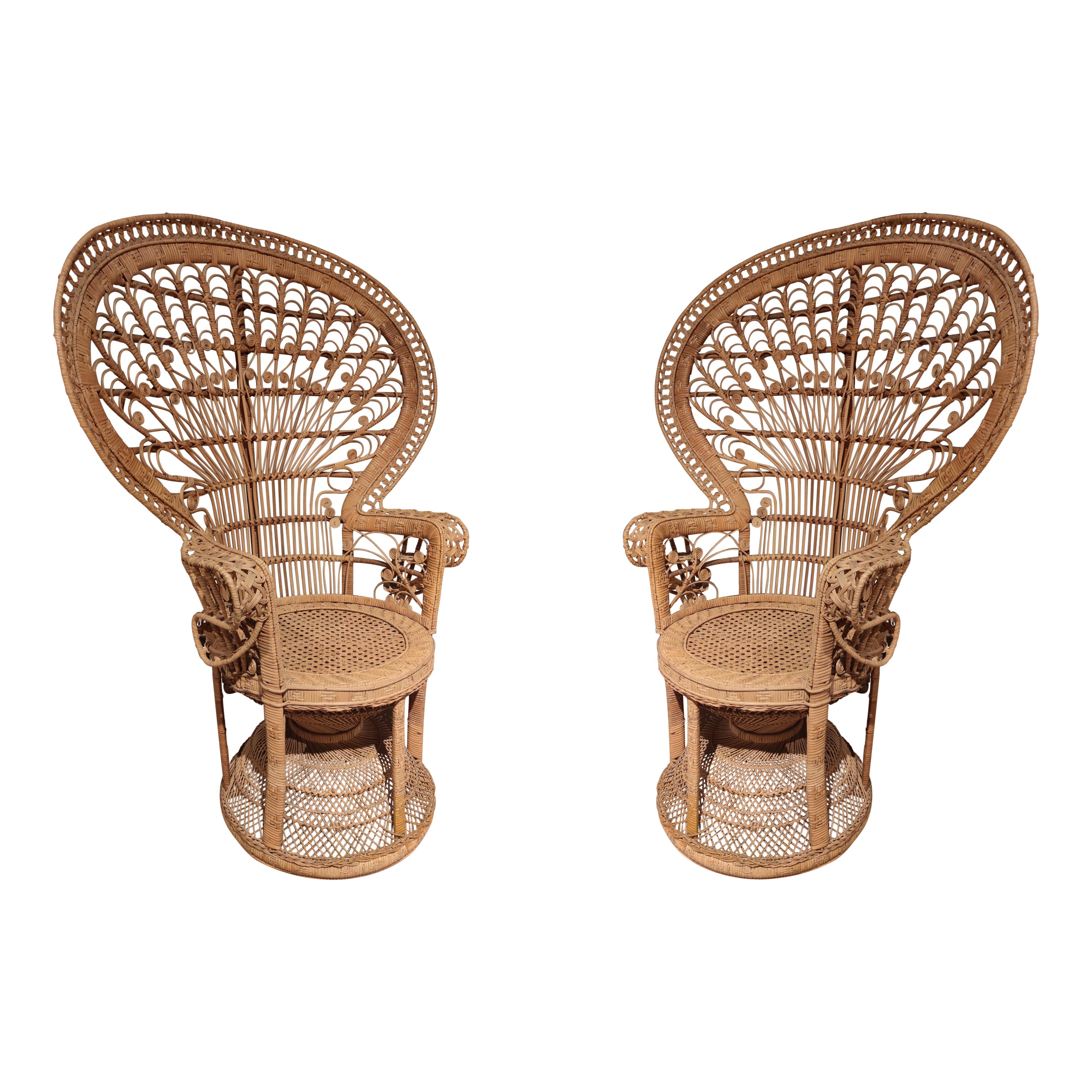 Pair of 1970s Spanish Hand Woven Wicker "Emmanuelle" Peacock Chairs