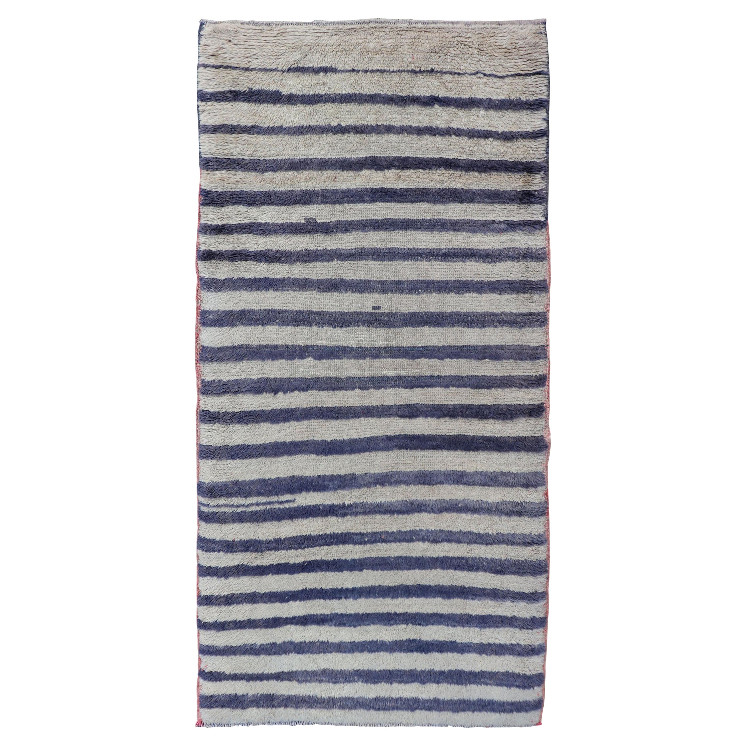 Turkish Angora Vintage Tulu Carpet with Stripe Pattern Light Taupe & Navy Blue For Sale