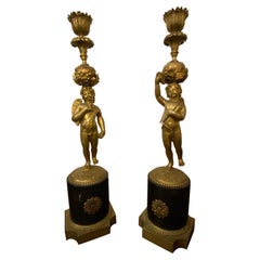 1870s Pair of Louis Philippe Gilt Bronze and Marble French Candlesticks