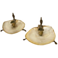 19th Pair of Century Bronze and Mother of Pearl Antique Italian Candleholders