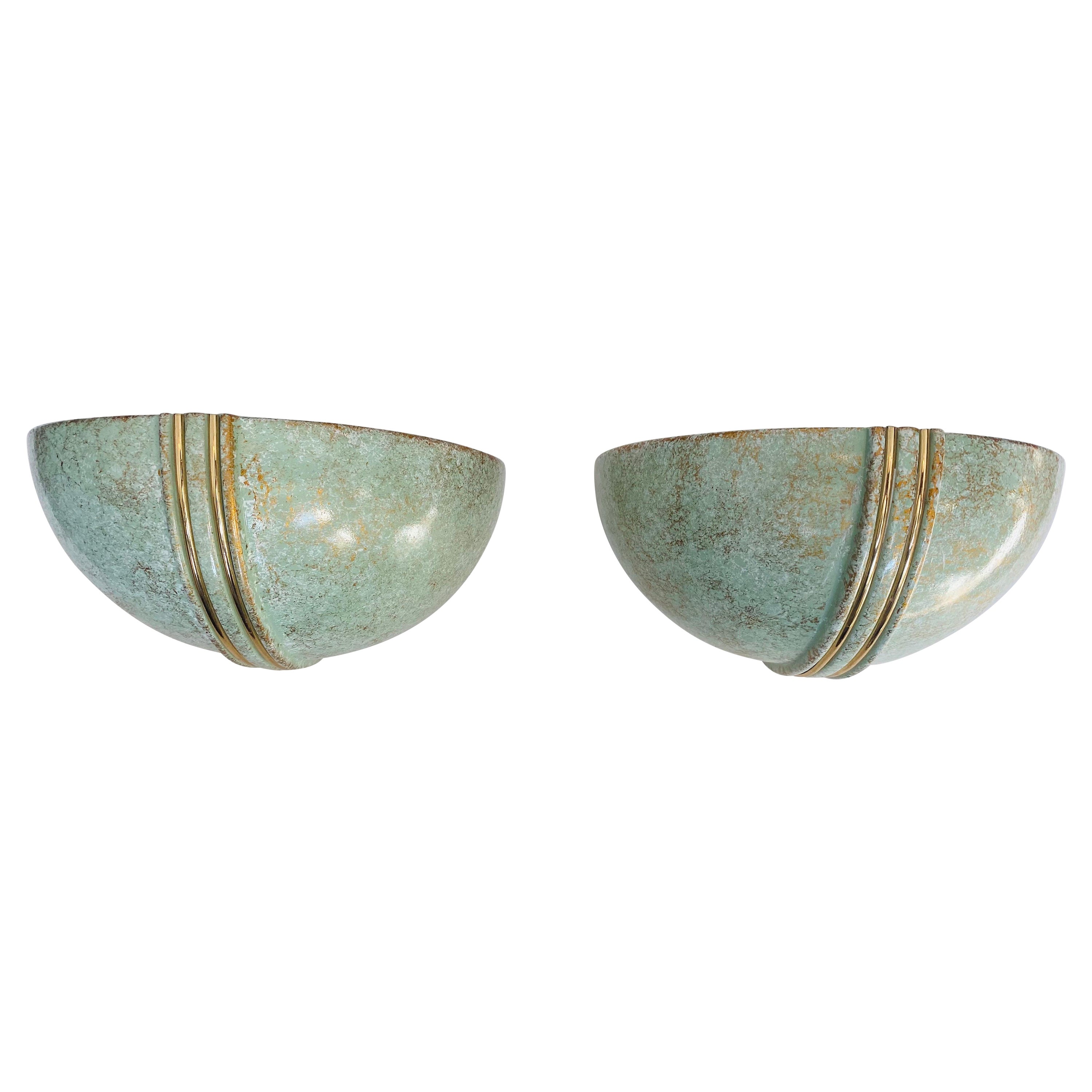 Pair of French 1980s Ceramic Verdigris Demilune Wall Lights Uplight Sconces For Sale