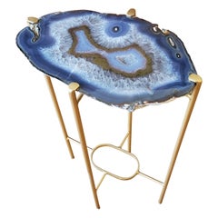 Organic Modern Dark Blue White & Brown Geode Drink Table with Gold Gilt Base