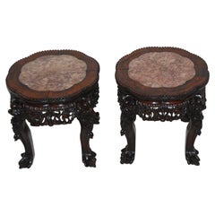 Antique Chinese Qing Period Pair of Rosewood Carved Stools with Rose Marble Inlaid Top
