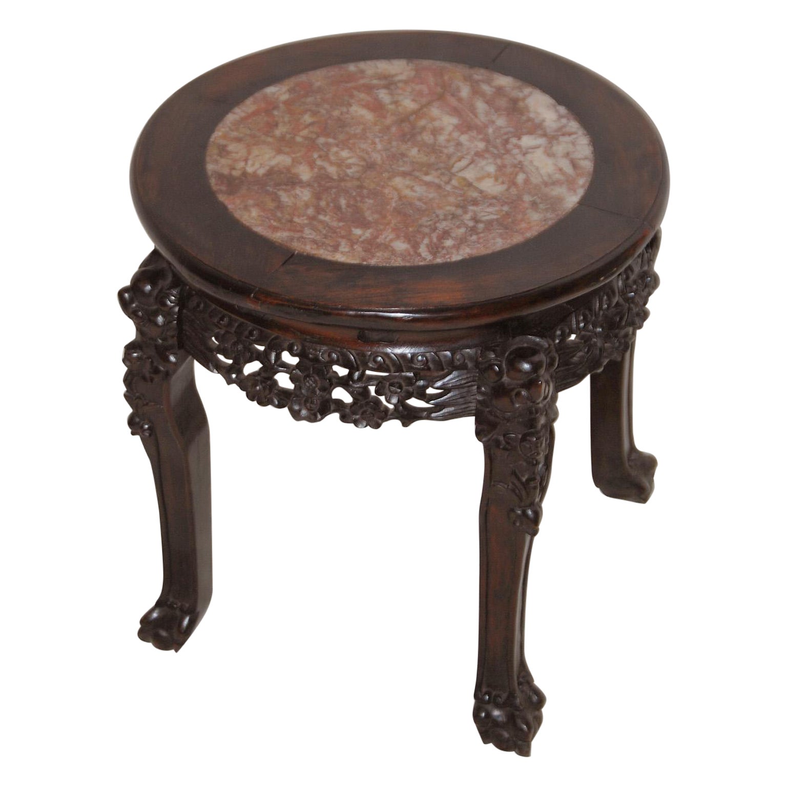 Chinese Qing Dynasty Rosewood Carved Stool with Rose Marble Inlaid Seat