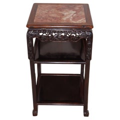 Chinese Qing Dynasty Carved Rosewood Stand with Two Shelves and Marble Inset