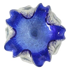 Vintage Blue Murano Glass Ashtray-Catchall Ascribable to Toso with Silver Flakes